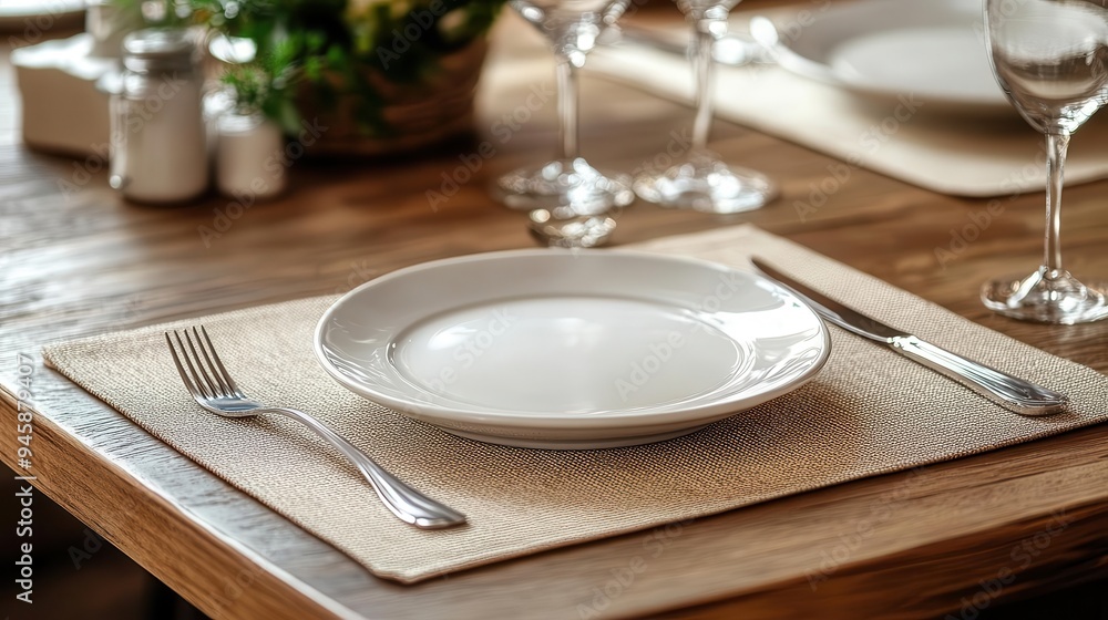 Placemat on a dining table, with utensils and a plate neatly arranged Placemat on a dining table, with utensils and a plate neatly arranged