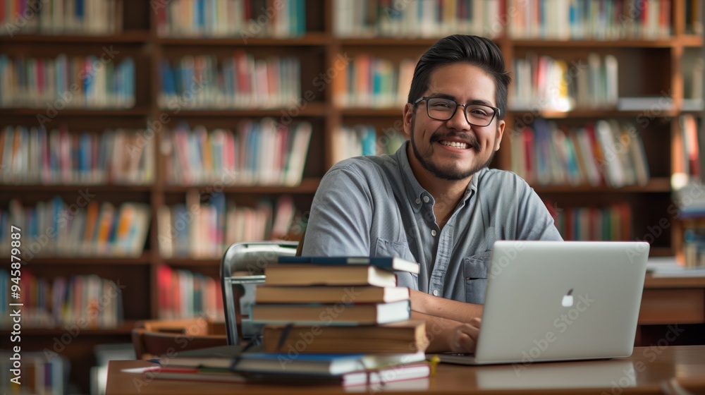 Smiling Hispanic student studying in the library with a laptop and stack of books Smiling Hispanic student studying in the library with a laptop and stack of books