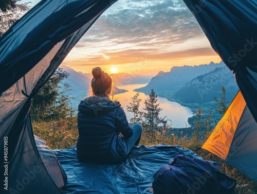 woman is sitting in her tent with the view on lake and muntains  photo