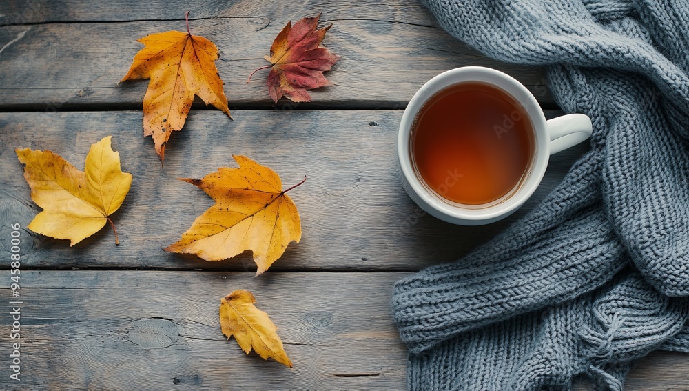 Cozy Autumn Tea Time on Wooden Background Cozy Autumn Tea Time on Wooden Background