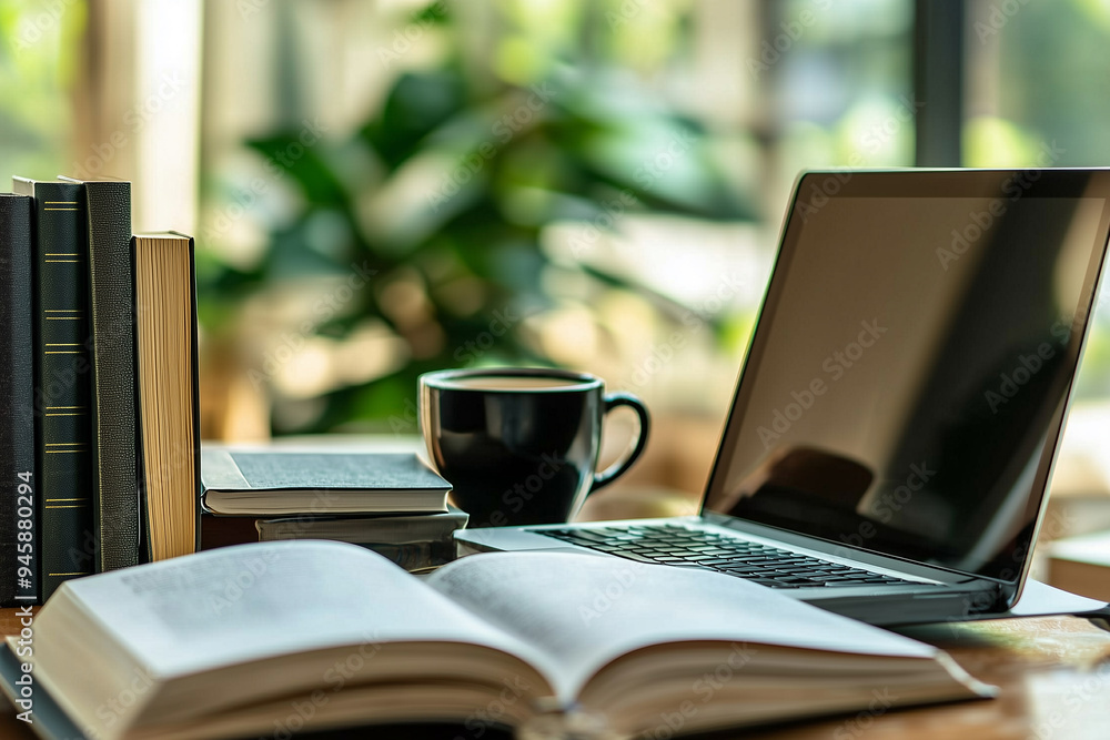 Cozy workspace with books, laptop, and coffee. Cozy workspace with books, laptop, and coffee.