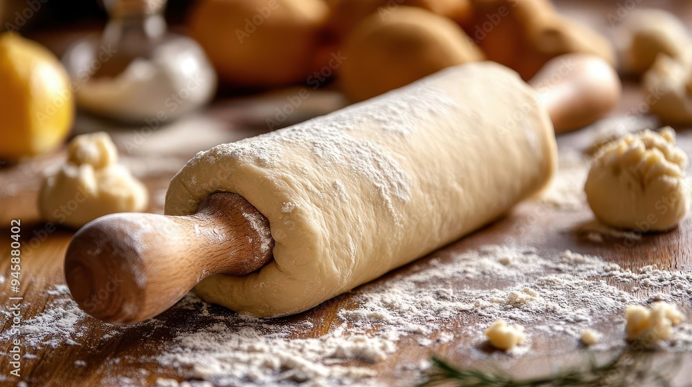 Fototapeta premium Rolling pin flattening dough, with a focus on baking preparation