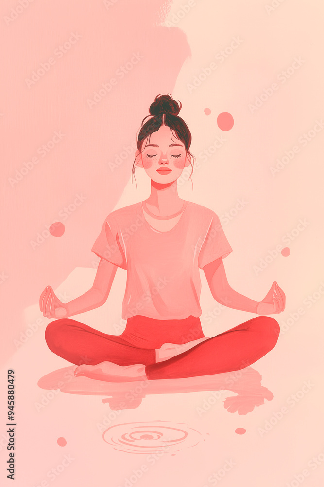 a cheerful and whimsical illustration using light pink and dark pink colors with minimal details. The artwork should feature a woman in a yoga pose, depicted in a cute and playful style using tempera 