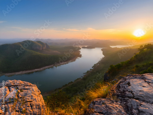 A hilltop view of lakes and cliffs