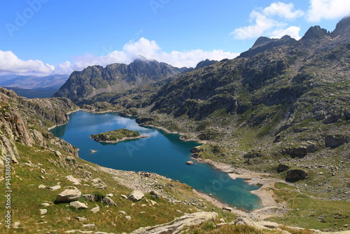 Mountain lake Lac de Mar in Aiguestortes and Sant Maurici National Park, GR11 long-distance hiking trail, Pyrenees