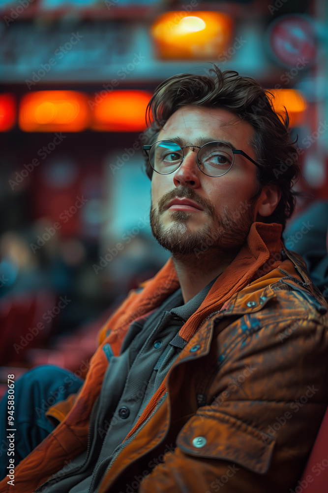 Young man with glasses in an urban setting, wearing an orange jacket, looking thoughtfully into the distance, city nightlife background. Young man with glasses in an urban setting, wearing an orange jacket, looking thoughtfully into the distance, city nightlife background.