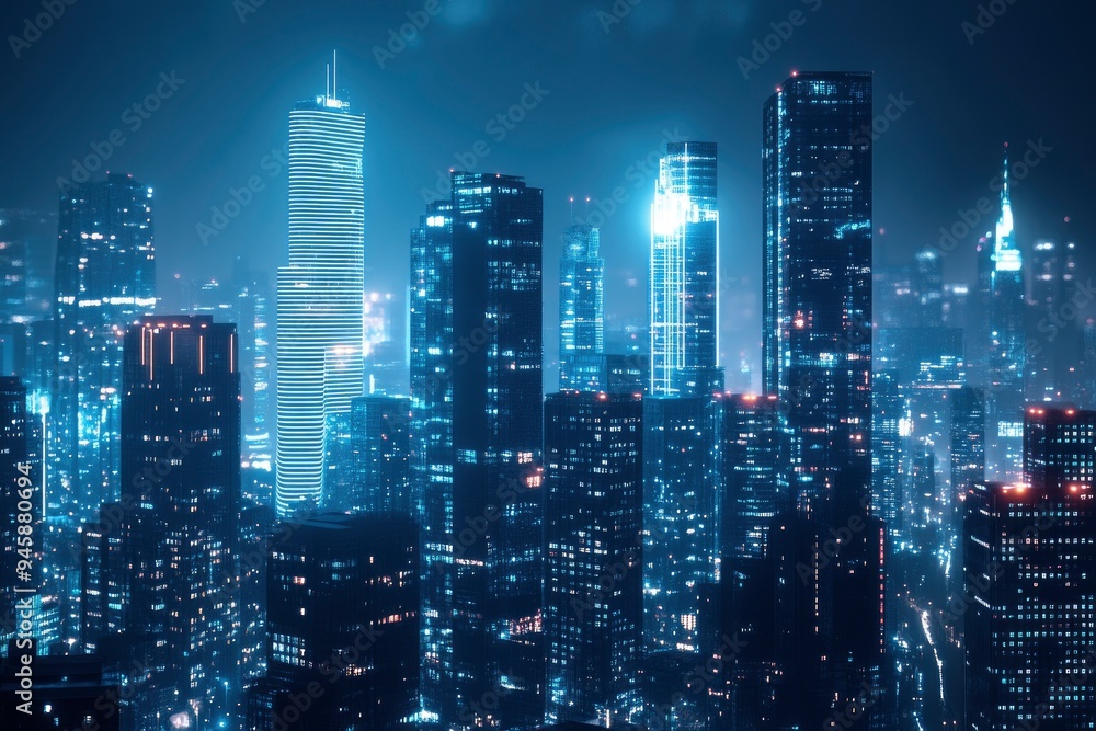 Naklejka premium Nighttime view of a technologically advanced city with sleek, illuminated skyscrapers. Premium background for the latest technology needs , ai