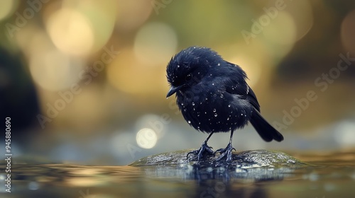 A tiny black bird preening its feathers, its movements delicate and precise,