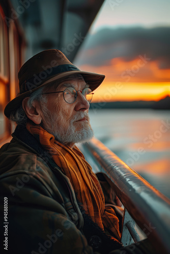 Elderly man with glasses and a hat gazing at the sunset over water, reflecting on life, peaceful and serene moment.