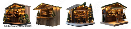 Rustic Christmas Market Booths, Wooden stalls adorned with festive lights and decorations, Cozy Holiday Setting.