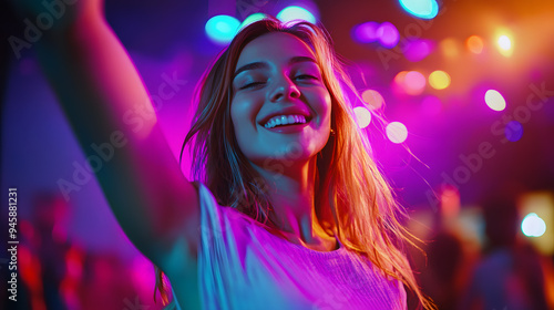 Young girl dancing at a disco in a nightclub photo