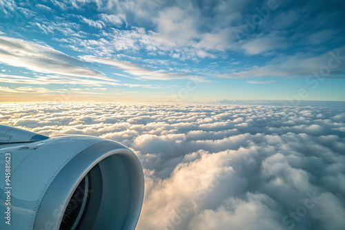 View of airplane engine and clouds from the window photo