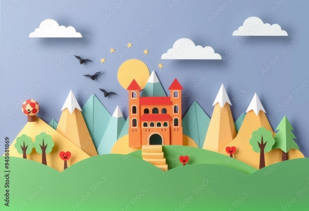 Papercraft castle landscape with a yellow sun and blue sky. Papercraft castle landscape with a yellow sun and blue sky.