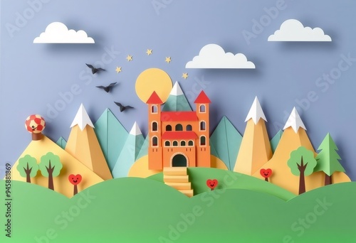 Papercraft castle landscape with a yellow sun and blue sky.