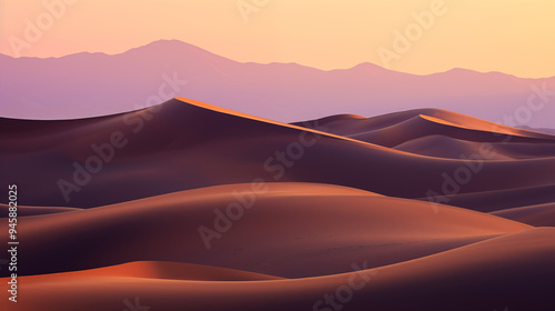 Serene Desert Sand Dunes at Sunrise with Soft Shadows and Purple-Hued Mountains in Background