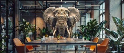 A surreal image of an elephant in a modern office meeting room with plants, chairs, and decor. Symbolizes the presence of an awkward or unusual topic in a conventional setting. photo