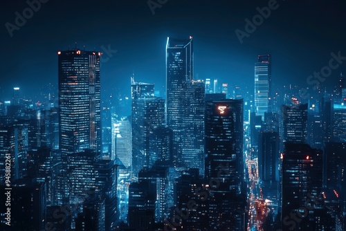 Nighttime view of a technologically advanced city with sleek, illuminated skyscrapers. Premium background for the latest technology needs , ai
