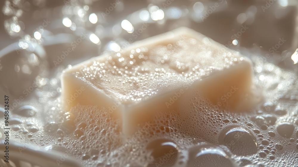 Soap bar on a soap dish, with bubbles and a focus on cleanliness Soap bar on a soap dish, with bubbles and a focus on cleanliness