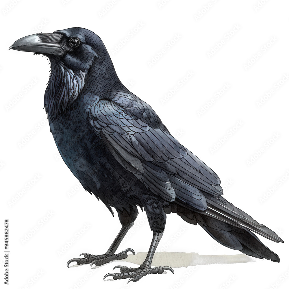 Naklejka premium A detailed illustration of a black raven, rendered in a childrens book style, against a white background
