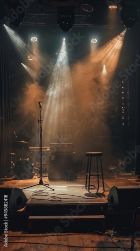 Concert stage: dimly lit, spotlight shadows, stool, mic stand, speakers, music gear set up for performance.