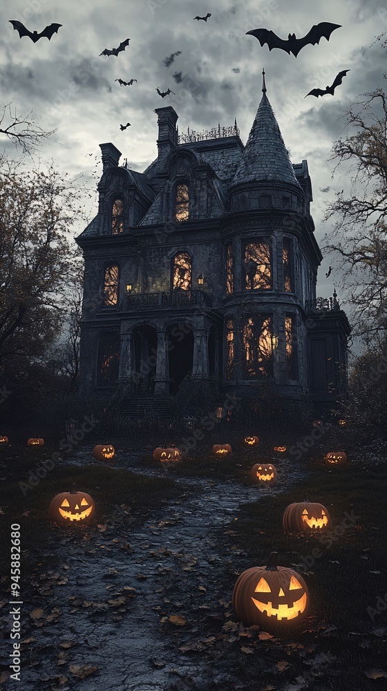 Gothic Halloween mansion statue tall and imposing with bats circling overhead jack-o-lanterns glowing on the lawn eerie vibe Gothic Halloween mansion statue tall and imposing with bats circling overhead jack-o-lanterns glowing on the lawn eerie vibe