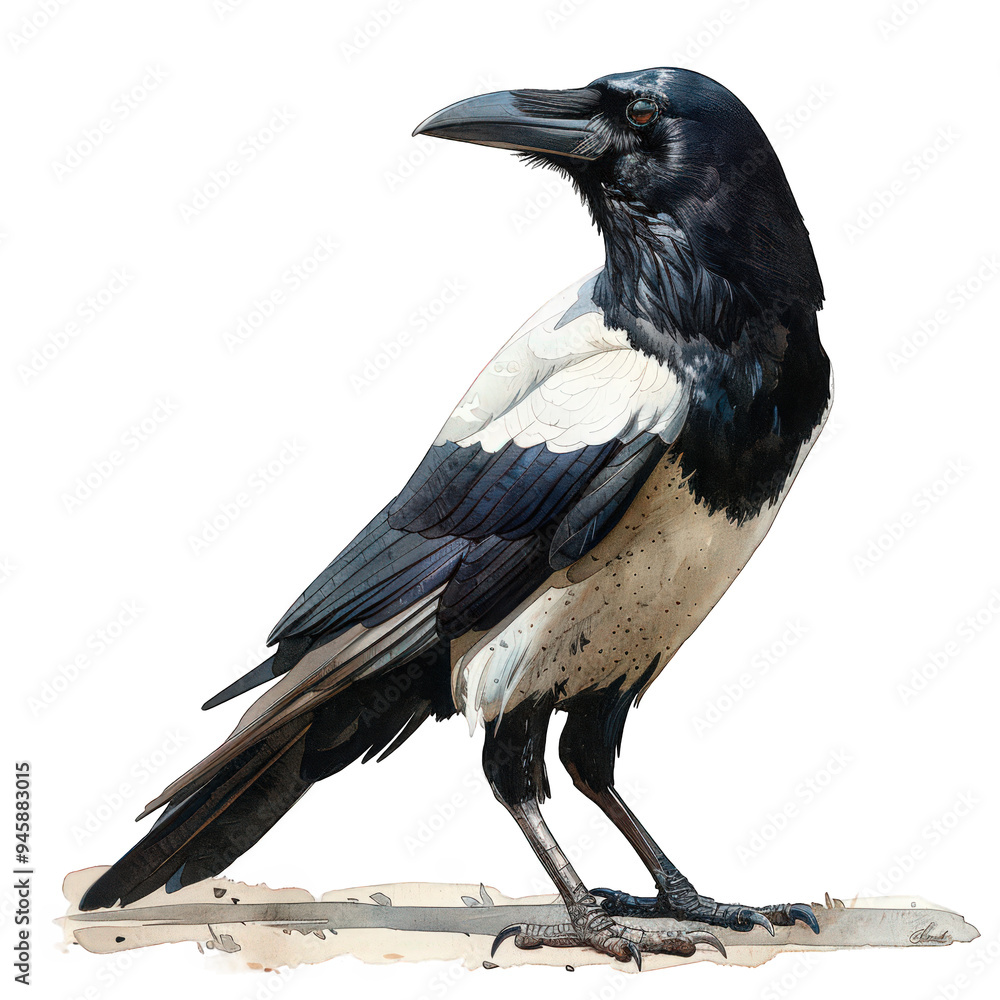 Fototapeta premium A vivid drawing shows a Black-billed Magpie perched on a branch, facing right. The bird is detailed with white and black plumage, a black head, and a yellow bill, set against a white background