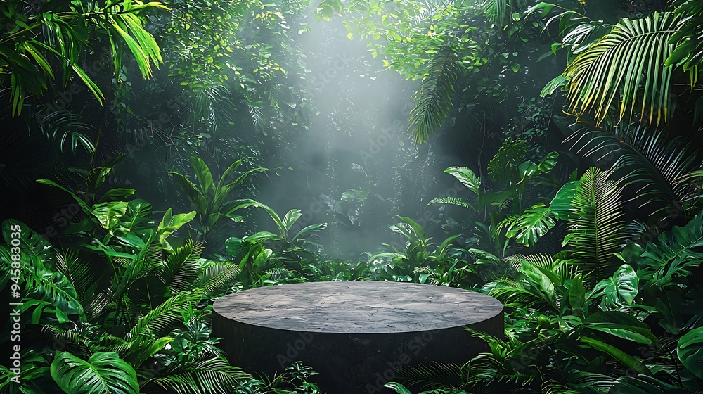 A lush tropical jungle with a stone platform illuminated by gentle sunbeams. A lush tropical jungle with a stone platform illuminated by gentle sunbeams.