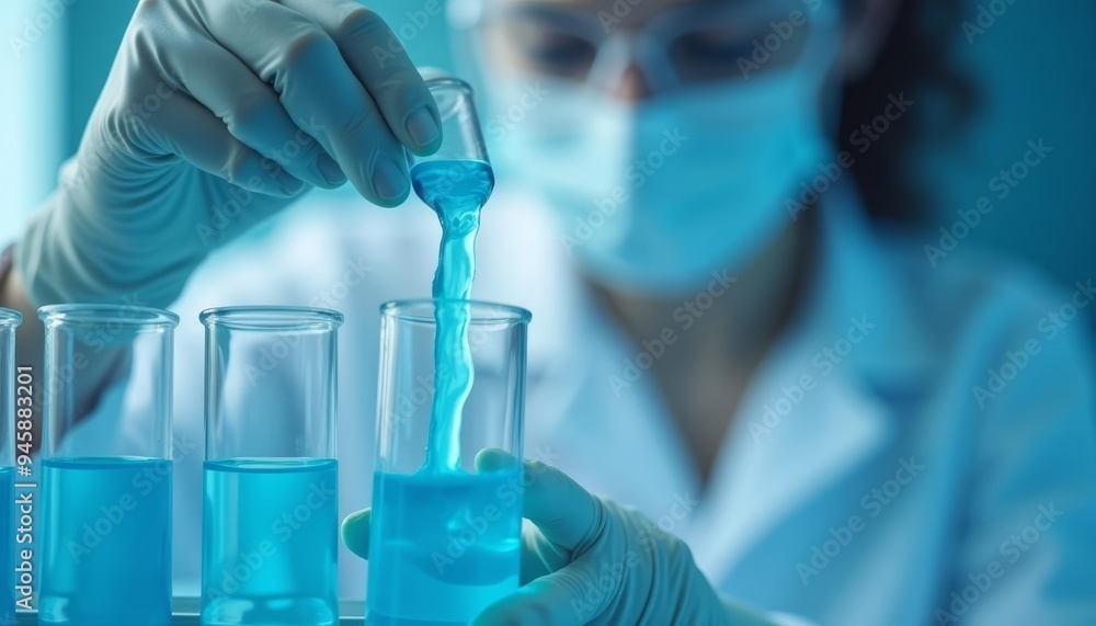 Precise science in action A researcher carefully dispenses a blue liquid into test tubes Precise science in action A researcher carefully dispenses a blue liquid into test tubes