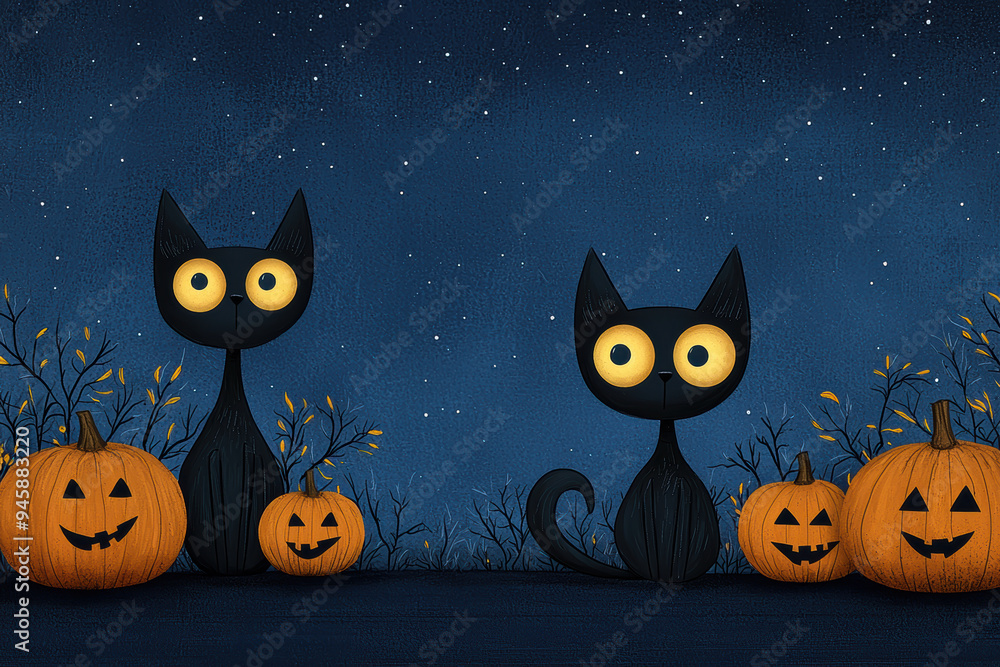 Spooky black cats around smiling pumpkins under a starry night sky, perfect for Halloween-themed artwork or decorations. Spooky black cats around smiling pumpkins under a starry night sky, perfect for Halloween-themed artwork or decorations.