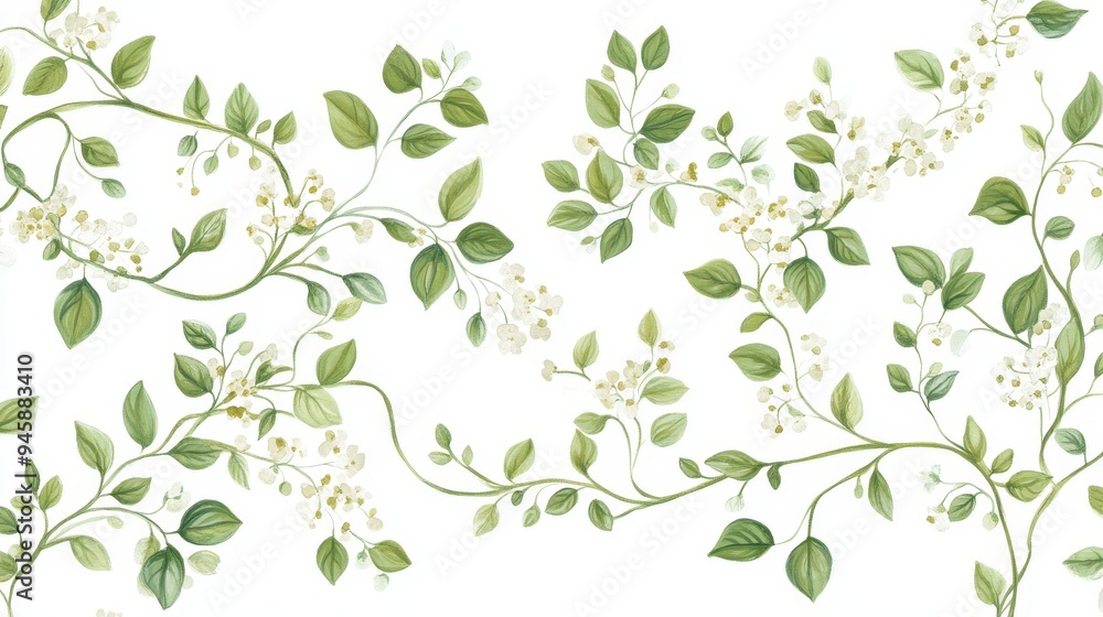 A decorative pattern featuring green leaves and white flowers on a light background. A decorative pattern featuring green leaves and white flowers on a light background.