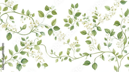 Wallpaper Mural A decorative pattern featuring green leaves and white flowers on a light background. Torontodigital.ca