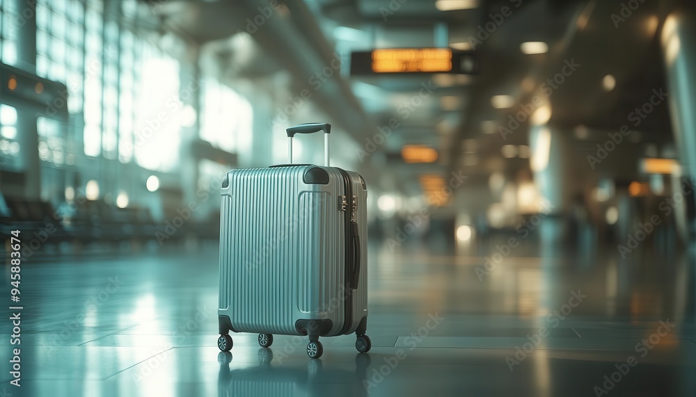 Suitcase with wheels, standing in an airport terminal, ready for a trip Suitcase with wheels, standing in an airport terminal, ready for a trip