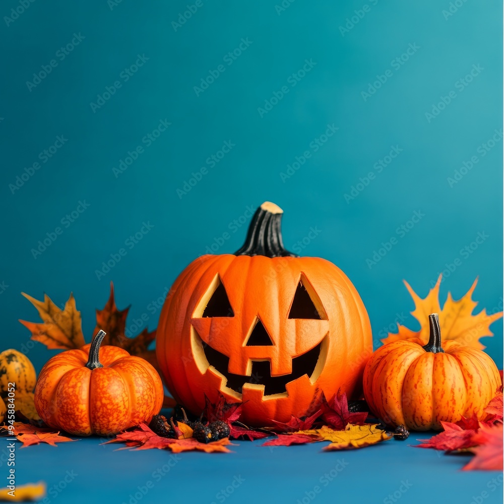 Funny pumpkin lantern in front of ripe orange pumpkins on blue background with autumn maple leaves. Happy Halloween or Thanksgiving concept. Funny pumpkin lantern in front of ripe orange pumpkins on blue background with autumn maple leaves. Happy Halloween or Thanksgiving concept.