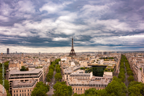 Panoramic aerial view of Paris city, France. Eiffel tower and parisian houses