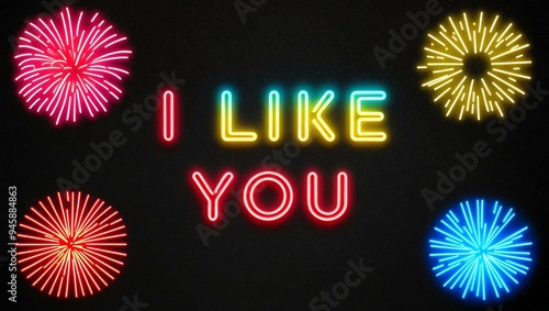 festive neon backlit style of the word i like you with neon fireworks on a black grainy background