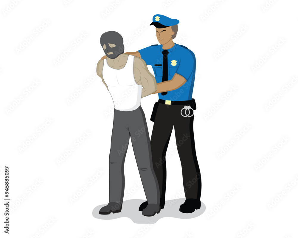 vector design cartoon illustration of a police officer in a blue shirt who is arresting a criminal wearing a mask with his hands tied behind his back vector design cartoon illustration of a police officer in a blue shirt who is arresting a criminal wearing a mask with his hands tied behind his back