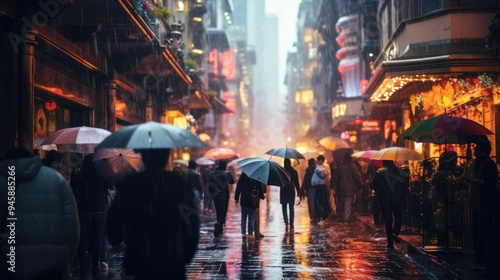 Colorful umbrellas open and close as people walk through 