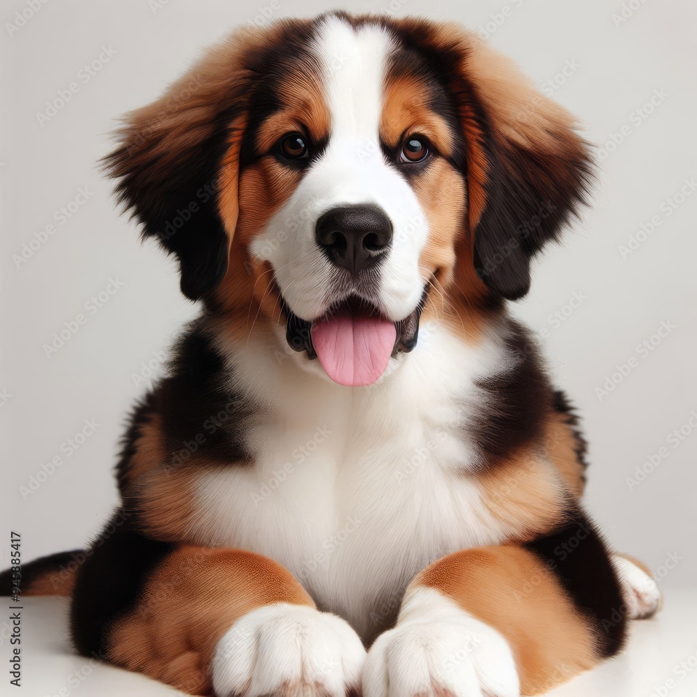 a puppy with a white chest and a black nose sits on a gray background. a puppy with a white chest and a black nose sits on a gray background.
