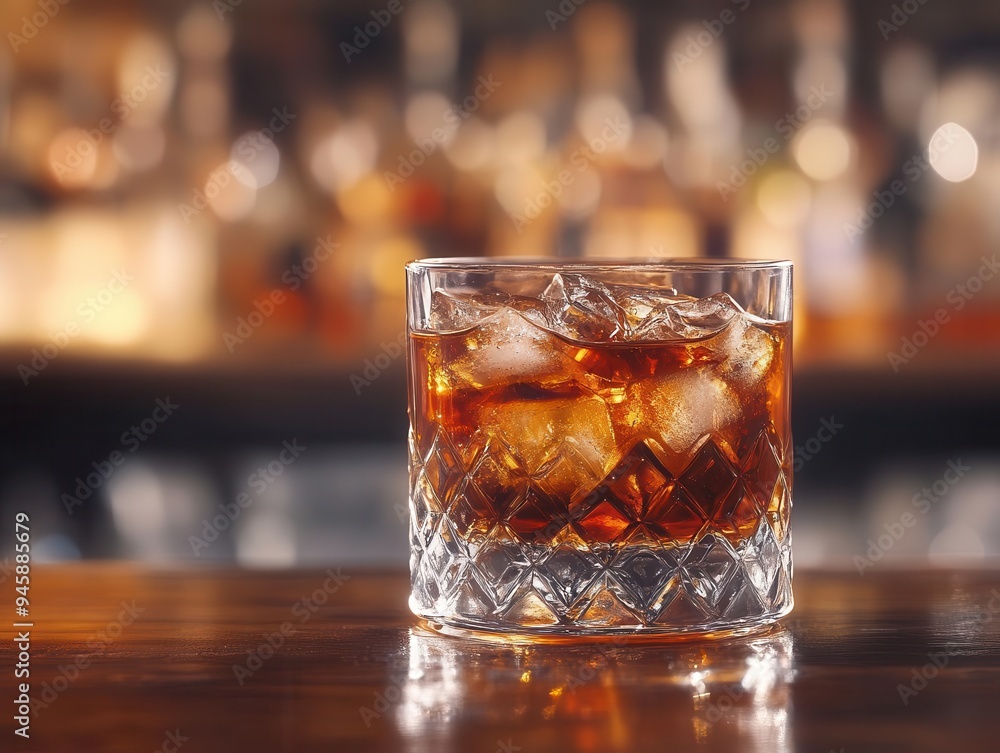 Whiskey glass with ice, on a wooden bar with a rich atmosphere Whiskey glass with ice, on a wooden bar with a rich atmosphere