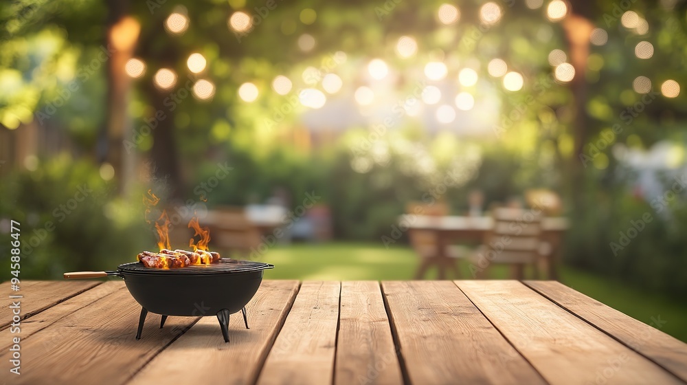 Delicious kebabs grilling on a charcoal barbecue in a garden setting at sunset, surrounded by warm string lights and lush greenery Delicious kebabs grilling on a charcoal barbecue in a garden setting at sunset, surrounded by warm string lights and lush greenery