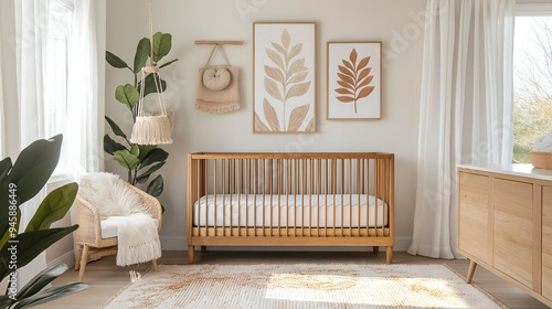 Cozy Nursery with Wooden Crib, Adorable Wall Art, and Warm Beige Accents Featuring Indoor Plants and Minimalist Design for a Serene and Inviting Atmosphere, Perfect for Posters, Backgrounds, and Banne