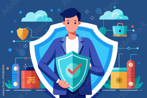 Cyber security protection for safety computer network, safety shield to protect online threat or attack, digital privacy or encryption concept, man hold shield on computer laptop protect cyber attack
