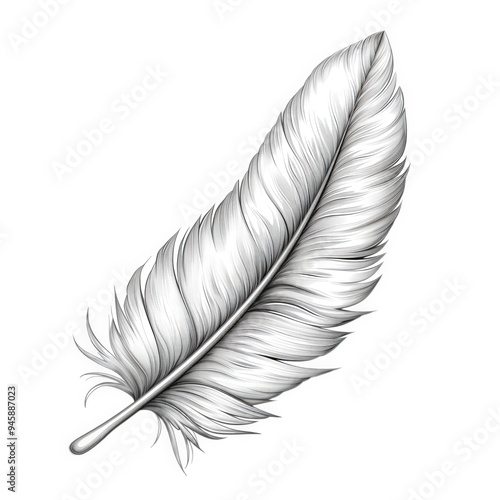 A close-up, detailed drawing of a single white feather rendered in pencil