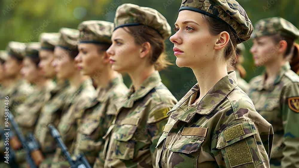 A group of disciplined female soldiers in full military uniform stands in perfect formation on a parade ground, showcasing the strength and unity of women in the armed forces