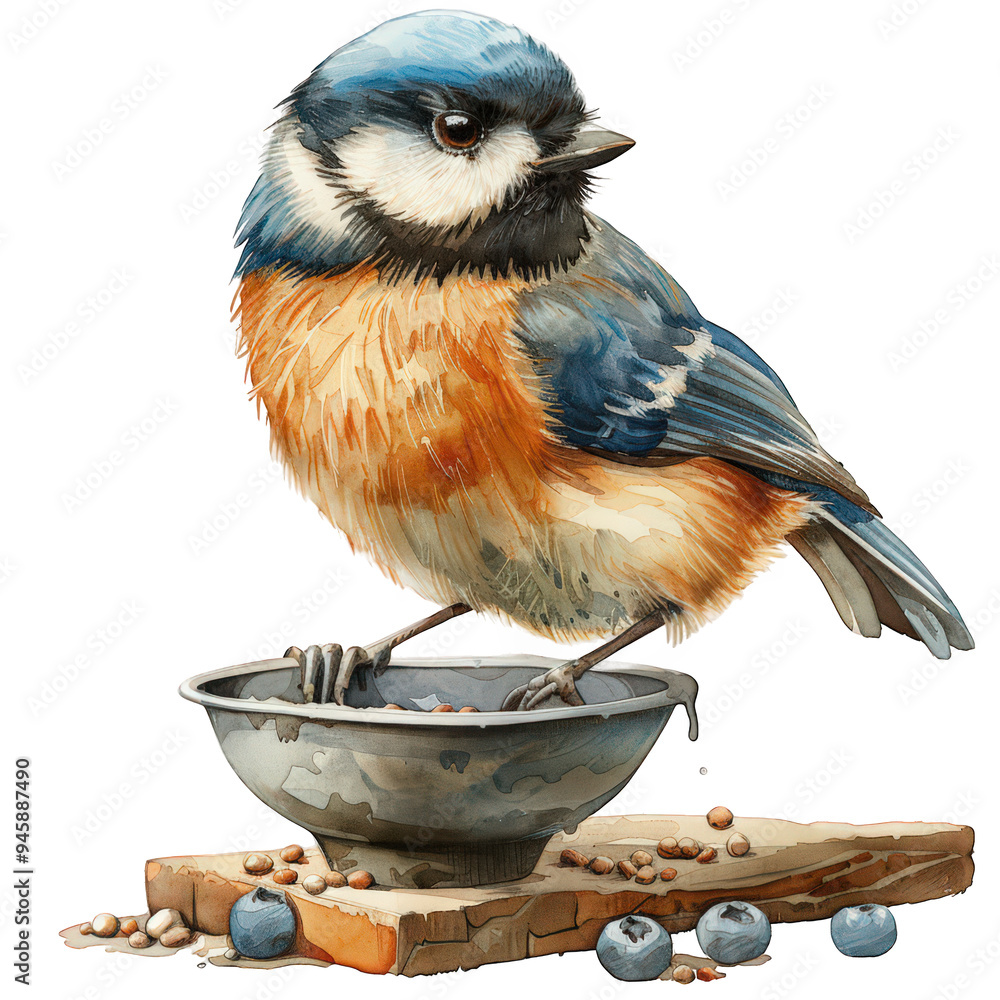 Naklejka premium A watercolor illustration depicting a blue tit perched on a small wooden bird feeder, with a metal bowl filled with birdseed