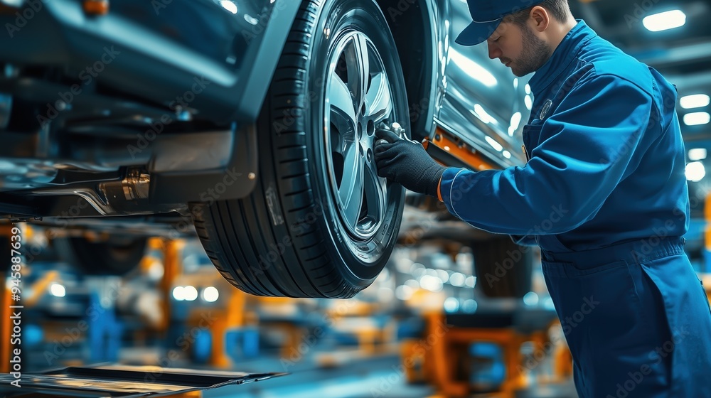 Fototapeta premium Mechanic in Blue Uniform Tightening Car Wheel Bolts. Mechanic in a blue uniform tightens the wheel bolts of a car in a workshop, showcasing attention to detail and safety.