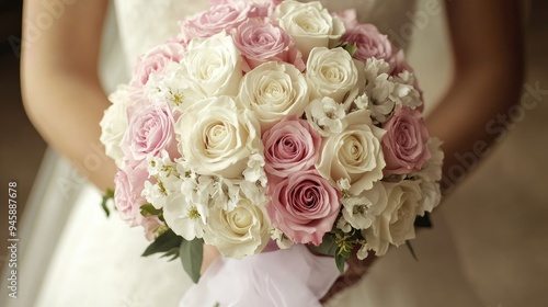 A wedding bouquet of pink and white roses with tulle, a bride holding it