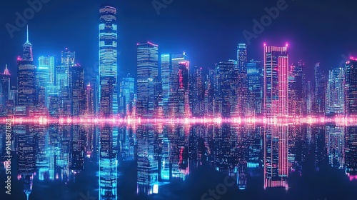 Aerial view of a vibrant city skyline illuminated by city lights at night showcasing modern architecture and urban life