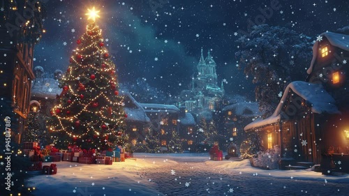 Christmas eve in the town - xmas tree on the city square, snow and ice, frozen urban scene