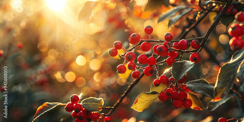  closeup of coffee beans growing on a plant branch with blurred background photo